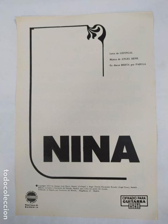 Partiture musicali: PARTITURA NINA. LETRA DE GEFINGAL. ANGEL RENE. FABULA. TDKR15