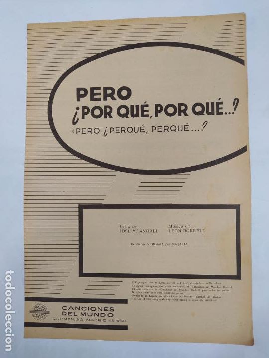 Partiture musicali: PARTITURA PERO &iquest;POR QU&Eacute;, POR QU&Eacute;? NATALIA. LETRA DE JOSE M&ordf; ANDREU. TDKR15