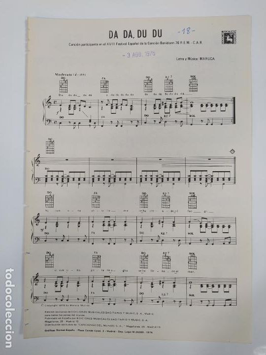 Partitions Musicales: PARTITURA DA DA DU DU. MARUCA. TDKC21