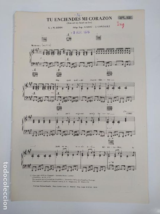 Partituras musicales: PARTITURA TU ENCIENDES MI CORAZON. L. Y M. BIDDU. TDKC21