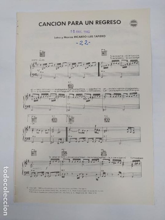 Musical scores: PARTITURA CANCI&Oacute;N PARA UN REGRESO. RICARDO LUIS TAPIERO. TDKC51
