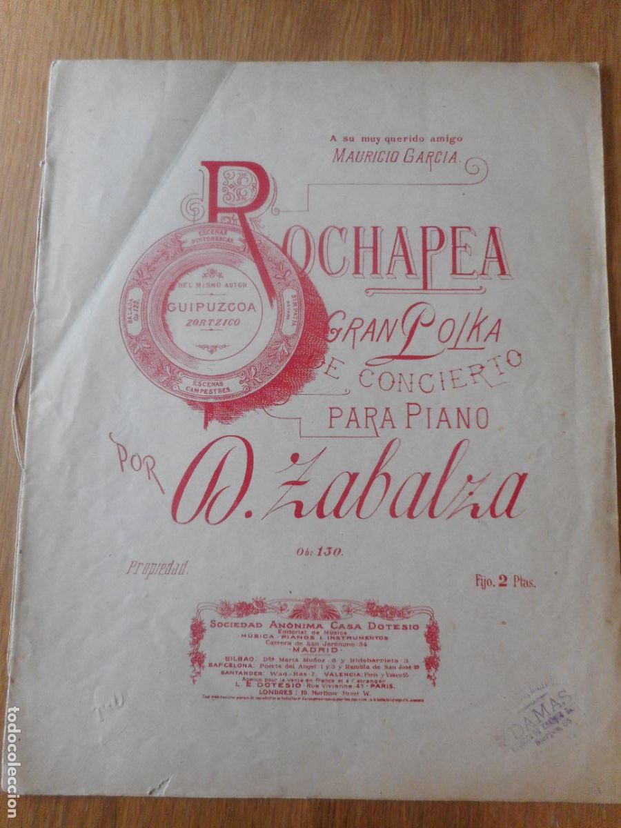 Partituras musicales: ANTIGUA PARTITURA D.ZABALZA. ROCHAPEA GRAN POLKA PARA PIANO. CASA DOTESIO MADRID