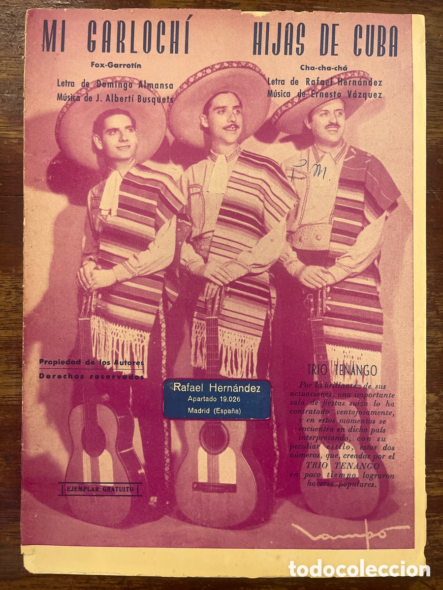 Musical scores: PARTITURA MUSICAL. MI GARLOCHI. HIJAS DE CUBA. TRIO TENANGO. 1958. Varios instrumentos.