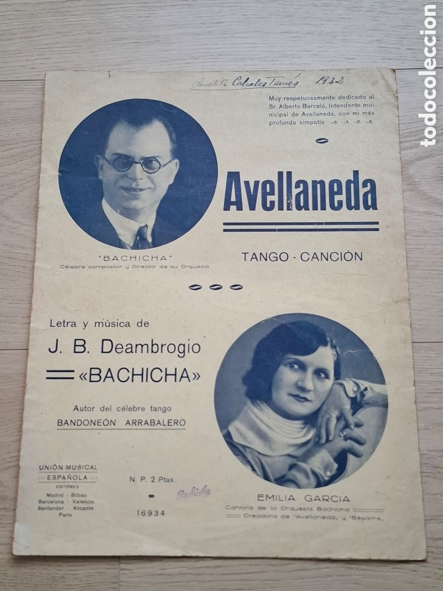 Partituras musicales: Avellaneda, tango-canci&oacute;n, letra y m&uacute;sica de J.B. Deambrogio Bachicha