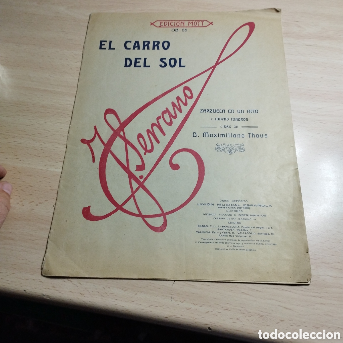Partituras musicales: Partitura. El carro del Sol. Canci&oacute;n Veneciana. J. Serrano. Piano. Zarzuela en un acto y cuatro cuad