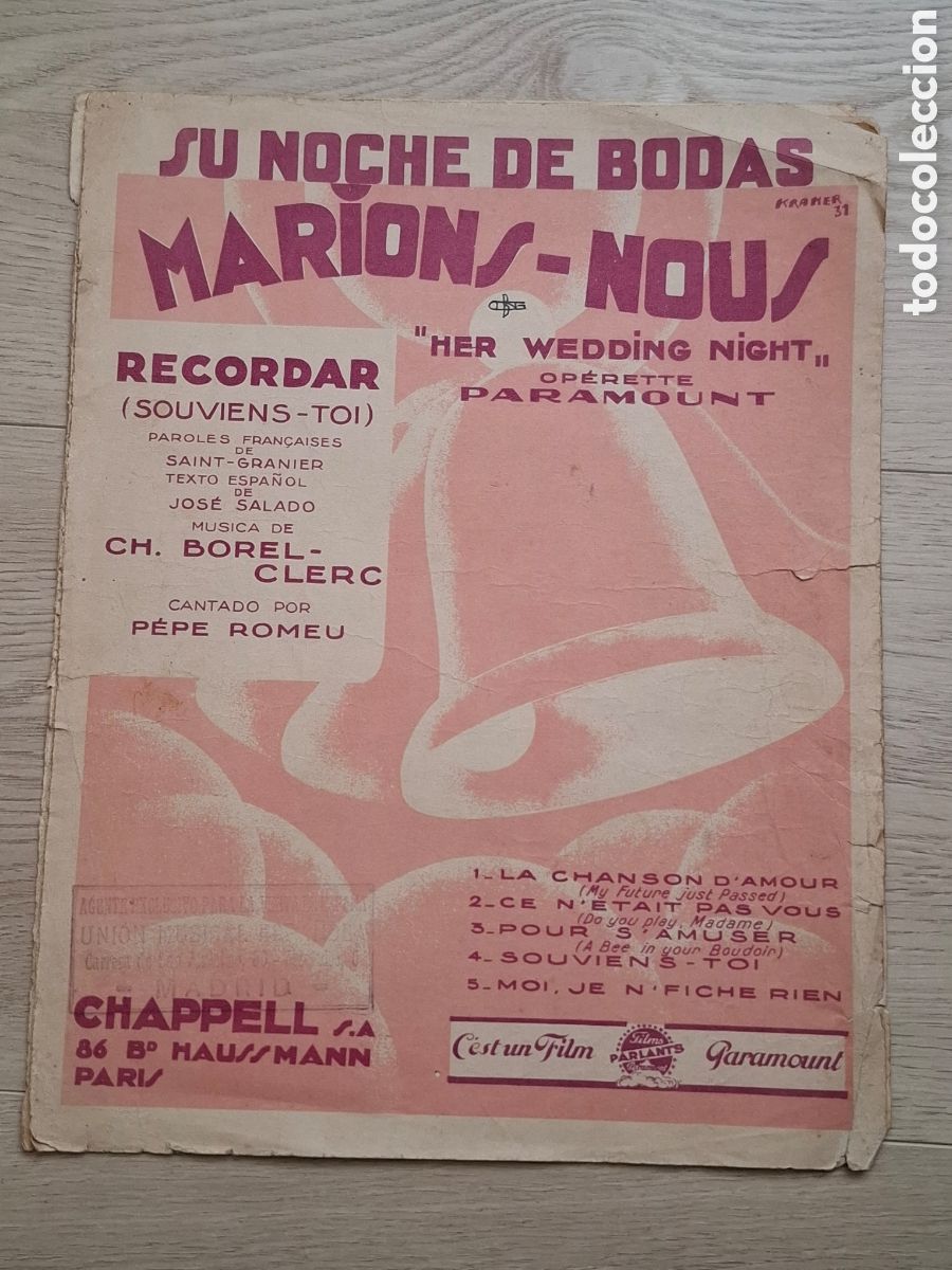 Partituras musicales: Su noche de bodas. Marions-Nous, opereta de Paramount, Recordar, souviens-toi 1931