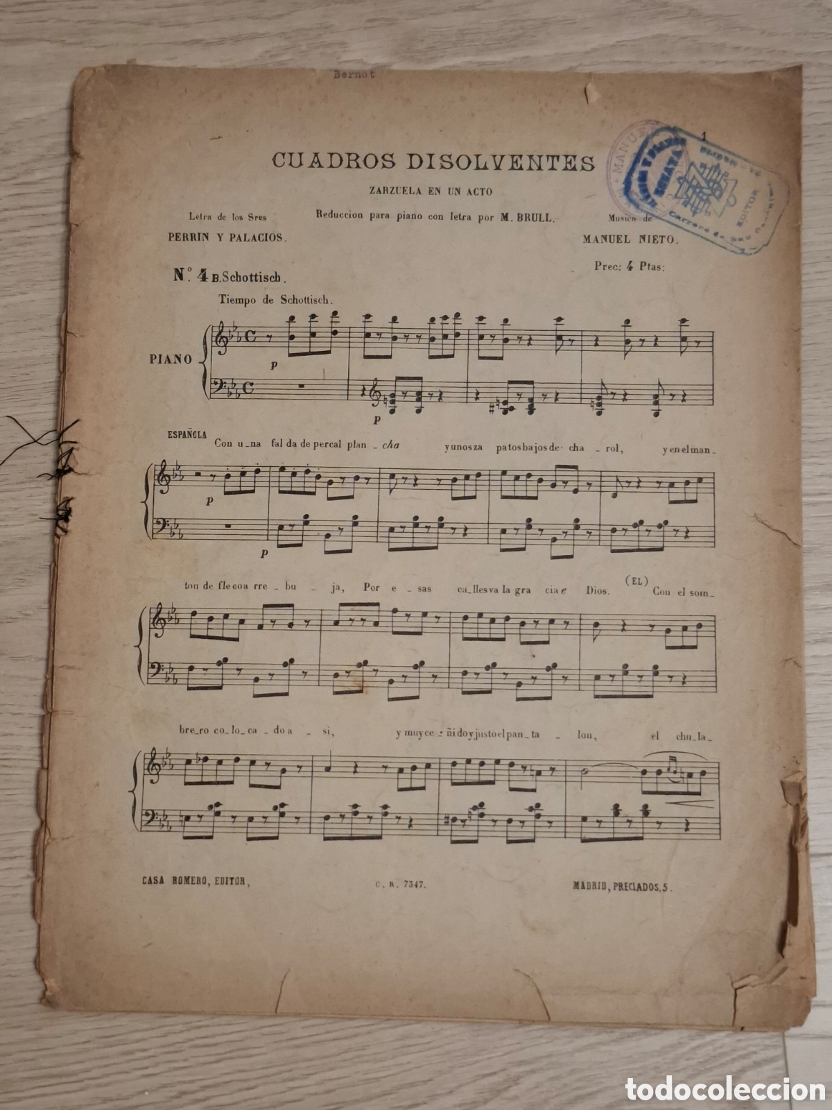 Partituras musicales: cuadros disolventes, zarzuela, Schottisch, reducci&oacute;n para piano con letra, M&uacute;sica de Manuel Nieto