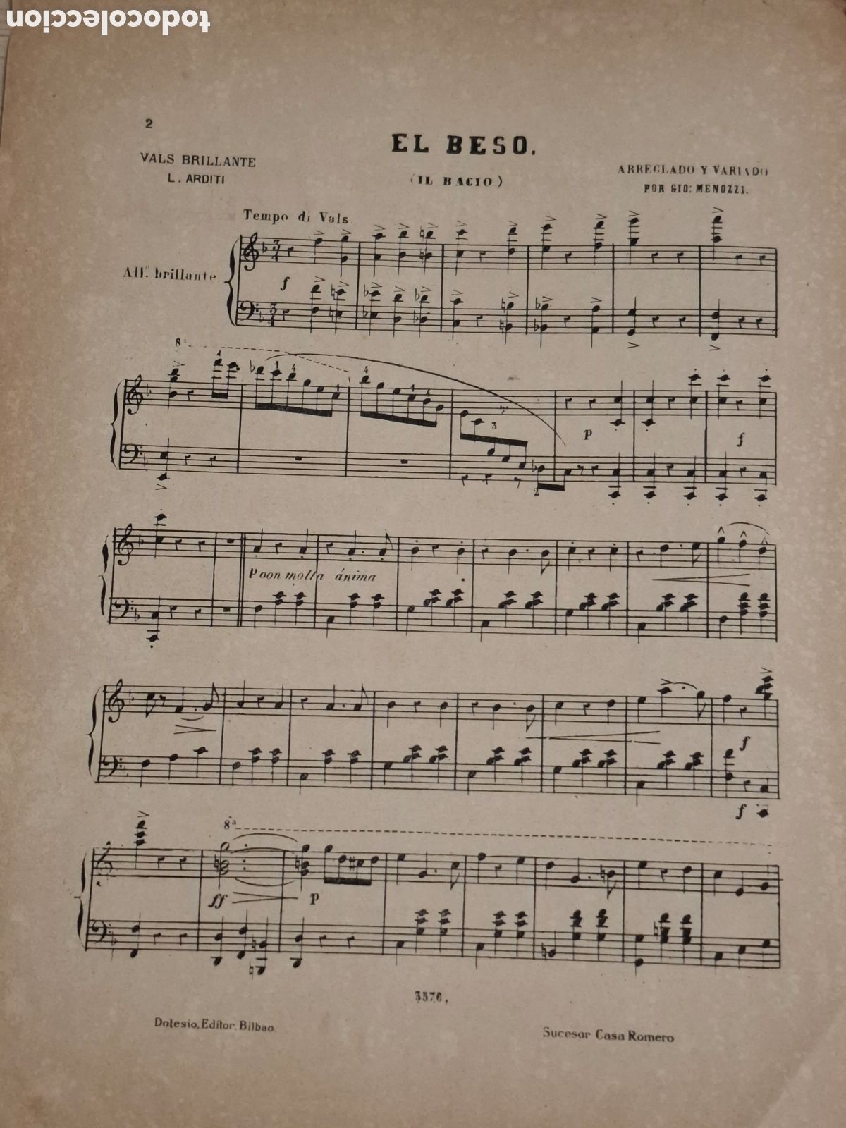 Partituras musicales: El beso, Vals brillante de L. Arditi, arreglado por Gio. Menozzi