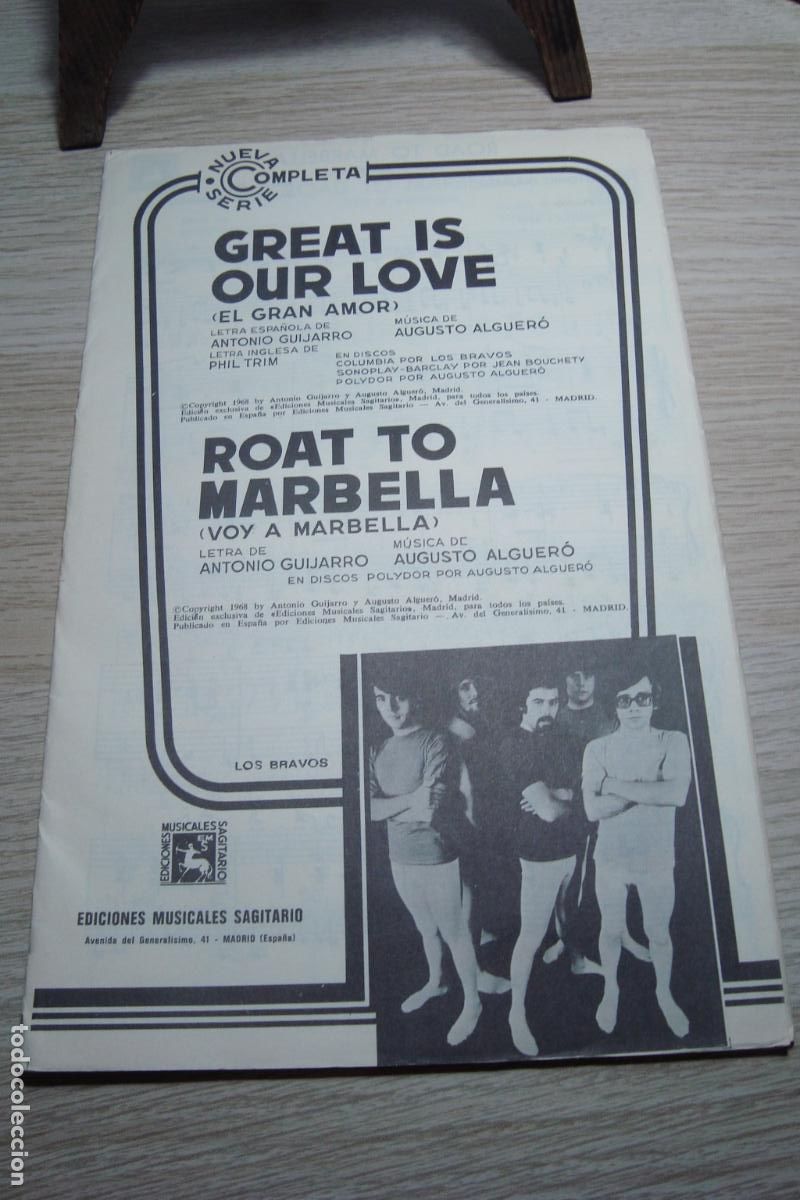 Partituras musicales: ANTIGUA PARTITURA. LOS BRAVOS. GREAT IS OUR LOVE- ROAD TO MARBELLA. EDICIONES SAGITARIO 1968.