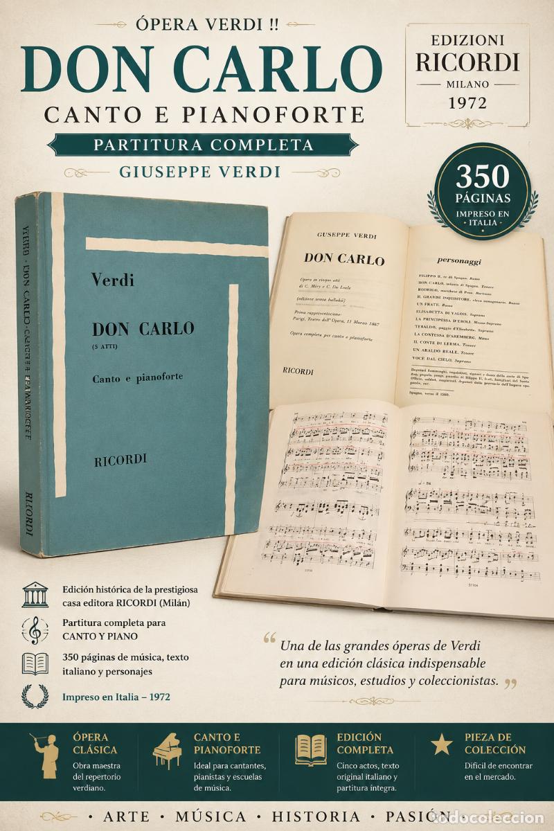 Partituren: VERDI / DON CARLO / CANTO E PIANOFORTE / RICORDI 1972 / PARTITURA COMPLETA 350 P&Aacute;G