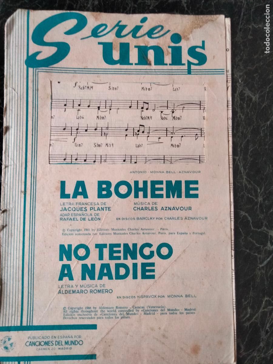 Partituras musicales: La Boheme. No tengo a nadie. Partituras