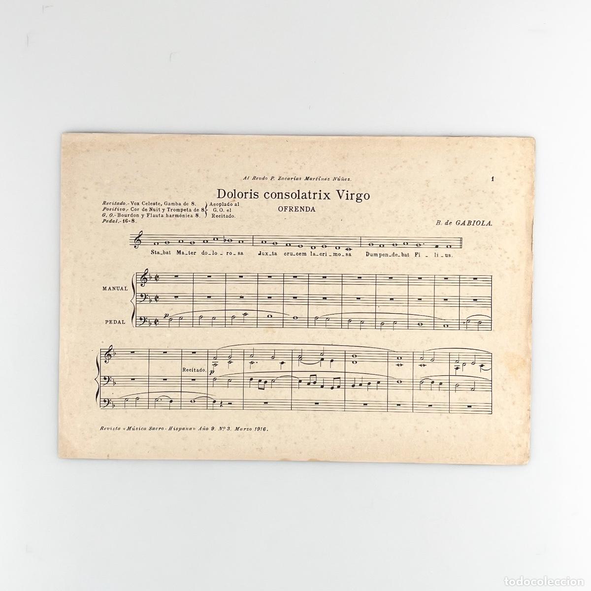 Partituras musicales: Partitura para &Oacute;rgano Doloris consolatrix Virgo, B de Gabiola. Revista Musica Sacro-Hispana, 1916