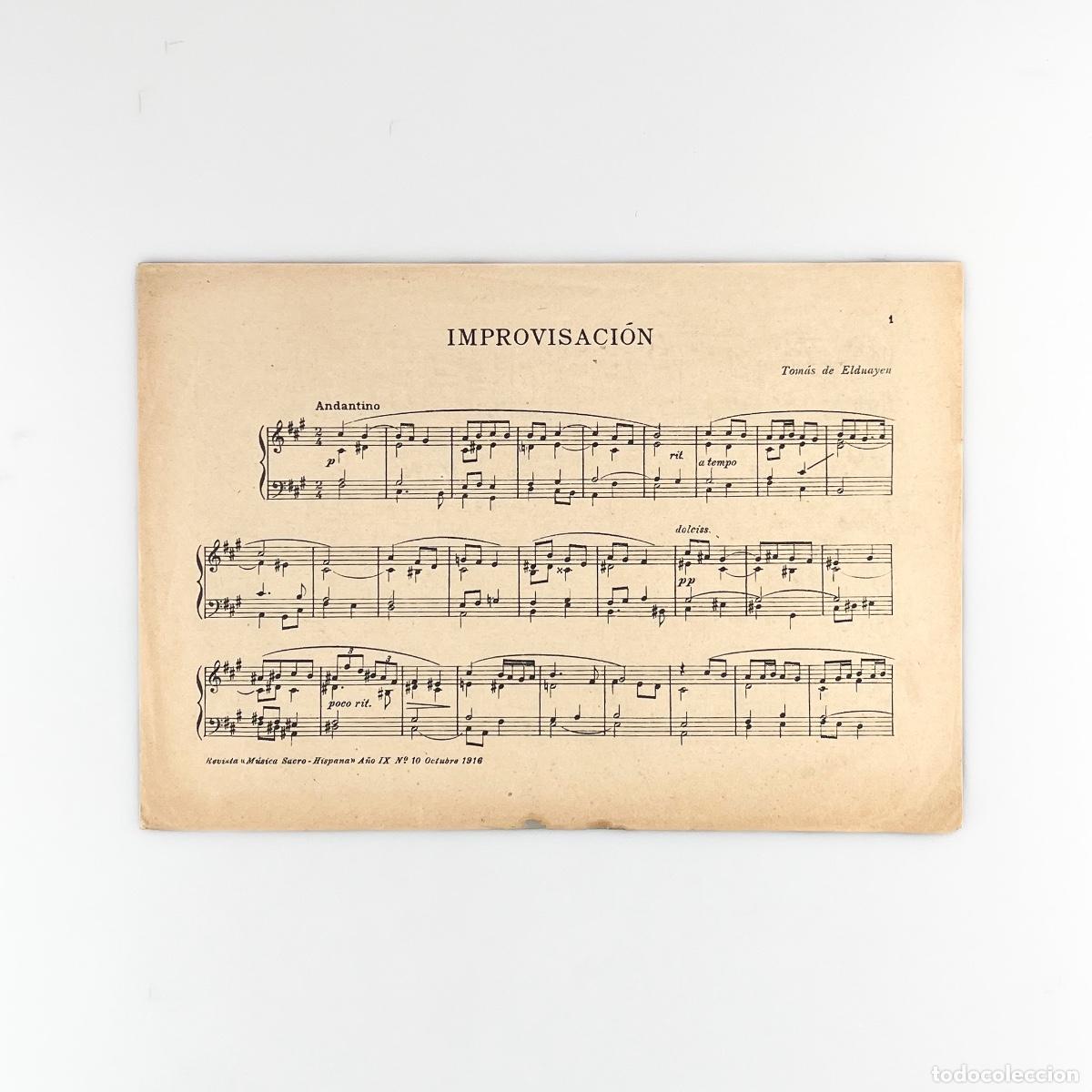 Partituras musicales: Partitura para &Oacute;rgano Improvisaci&oacute;n, Tom&aacute;s de Elduayen. Revista Musica Sacro-Hispana, 1916
