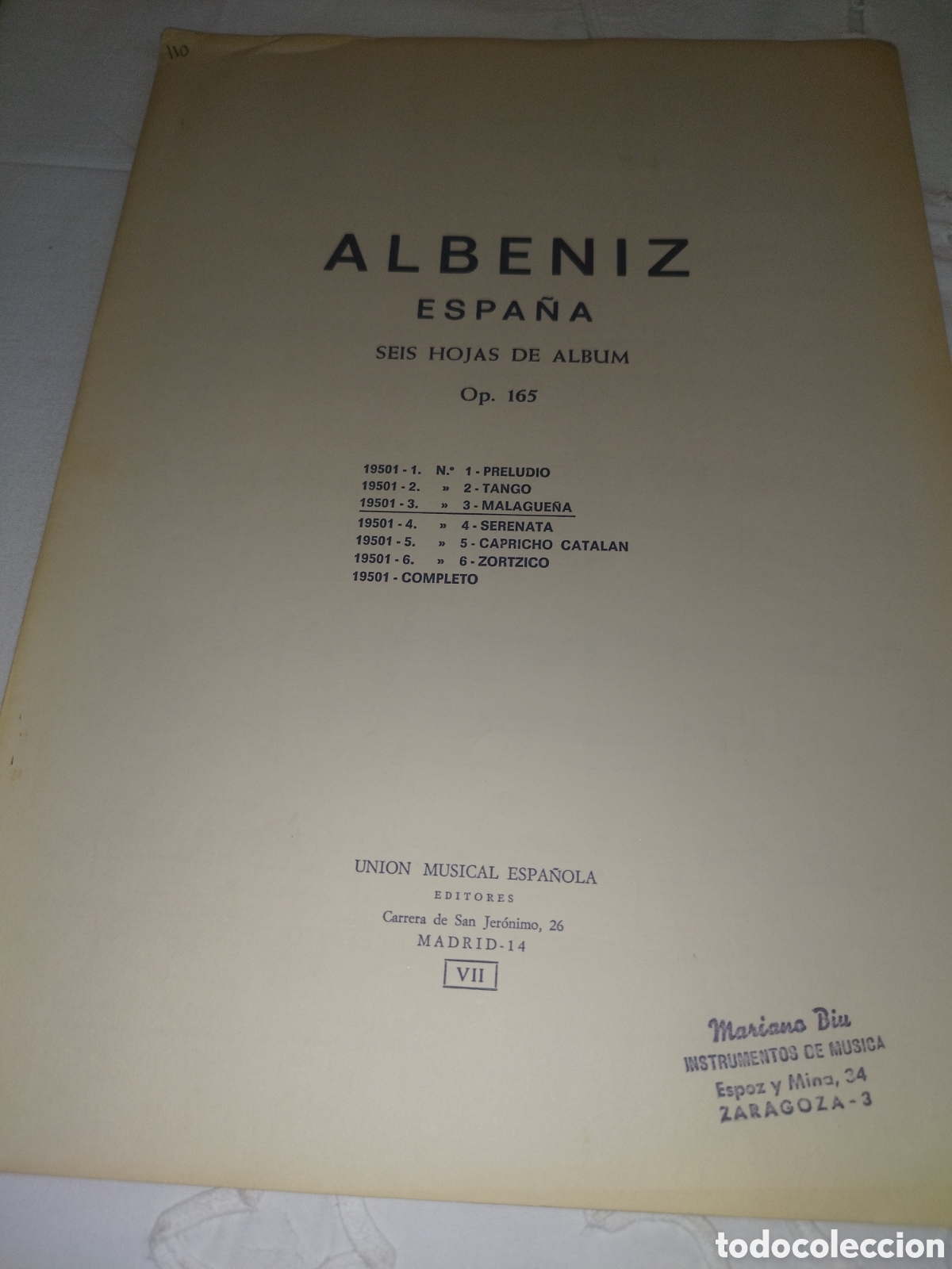 Partituras musicales: PARTITURAS. ALBERNIZ. ESPA&Ntilde;A SEIS HOJAS DE ALBUM Op. 165 N.&ordm; 3 MALAGUE&Ntilde;A. ED. UME, 1979