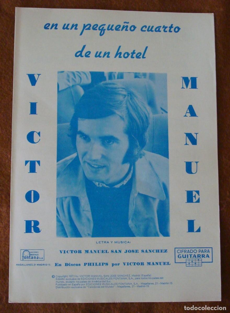 Partituras musicales: V&iacute;ctor Manuel : En un peque&ntilde;o cuarto de un hotel - Original promocional 1971 Ed. musicales Fontana