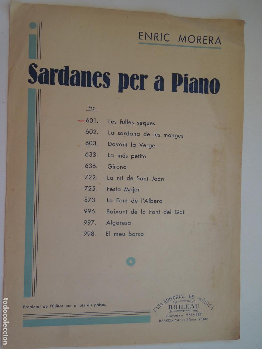 Partituras musicales: LES FULLES SEQUES - SARDANES PER A PIANO - ENRIC MORERA - BOILEAU