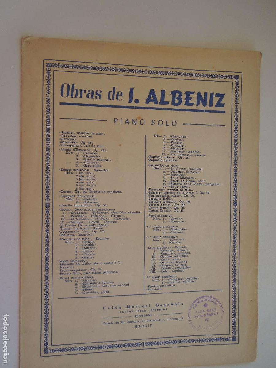 Partituras musicales: ALBENIZ - CHANTS D'ESPAGNE - OP 232 - N&ordm; 4 CORDOBA - UNION MUSICAL