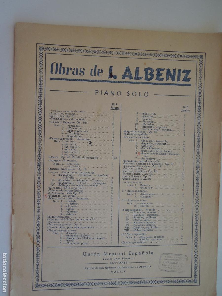Partituras musicales: ALBENIZ - MALLORCA - -BARCAROLA - OP 202 - UNION MUSICAL