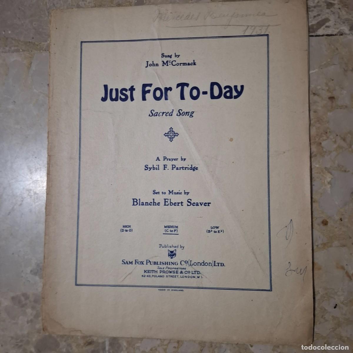 Partituras musicales: Partituras vintage 1926 &ldquo;SOLO POR HOY&rdquo;. Canci&oacute;n Sagrada.cantada por John McCormack