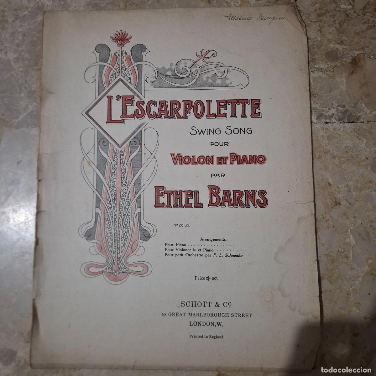 Partituras musicales: partitura antigua para viol&iacute;n y piano titulada &rdquo;L'Escarpolette&rdquo; (Swing Song)compuesta por Ethel Barn