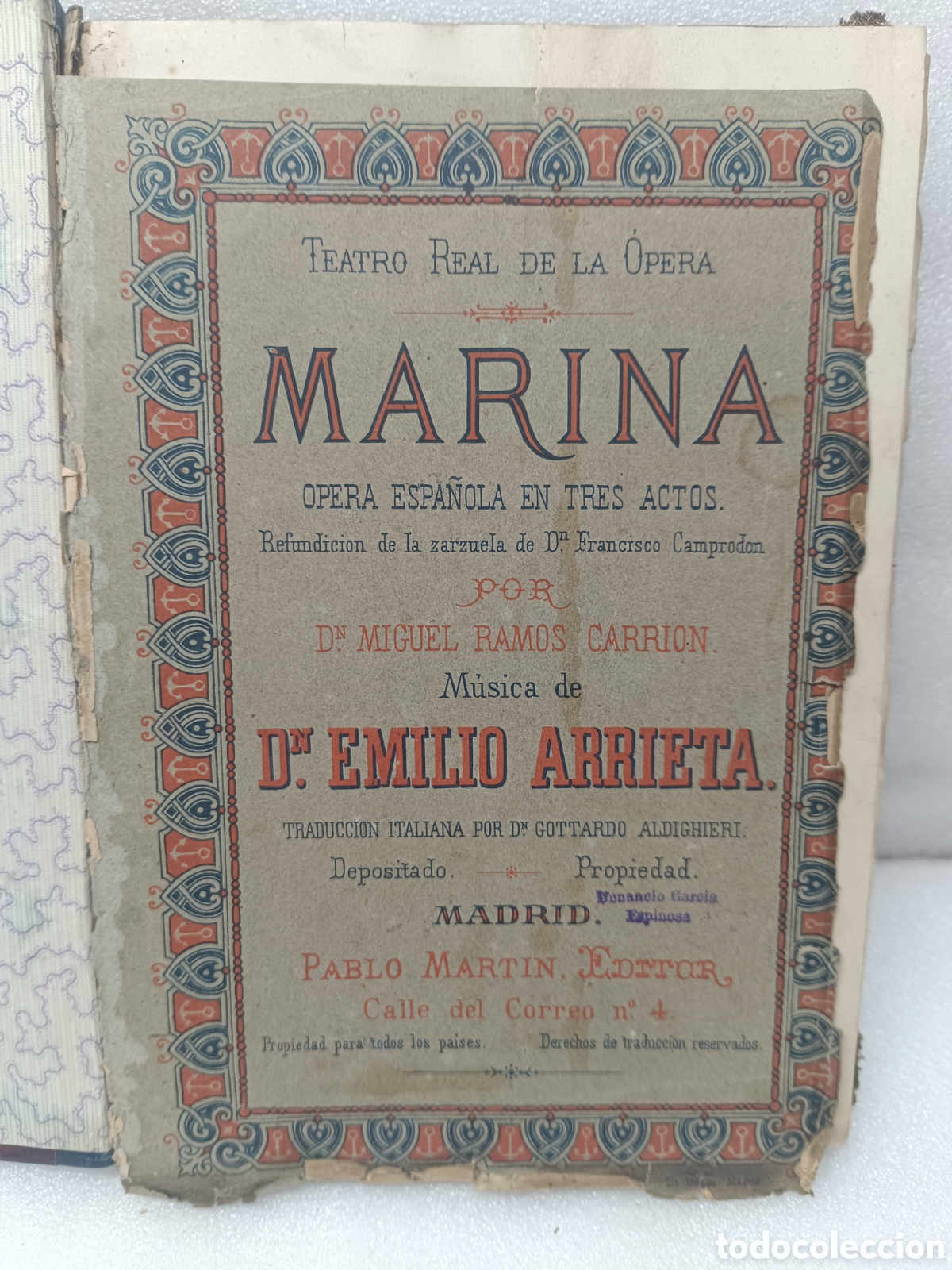 Partituras musicales: PARTITURA.OPERA ESPA&Ntilde;OLA.MARINA.MUSICA EMILIO ARRIETA.