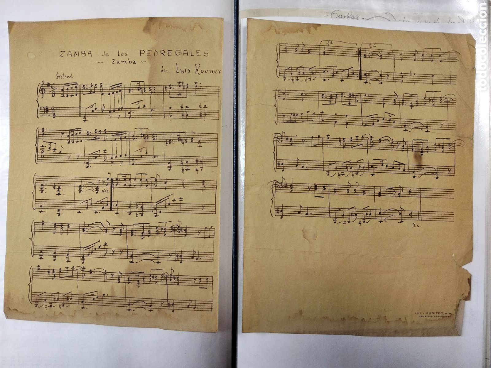 Partituras musicales: Partitura manuscrita. Zamba de los pedregales. Folklore folclore argentino Argentina luis rovner.