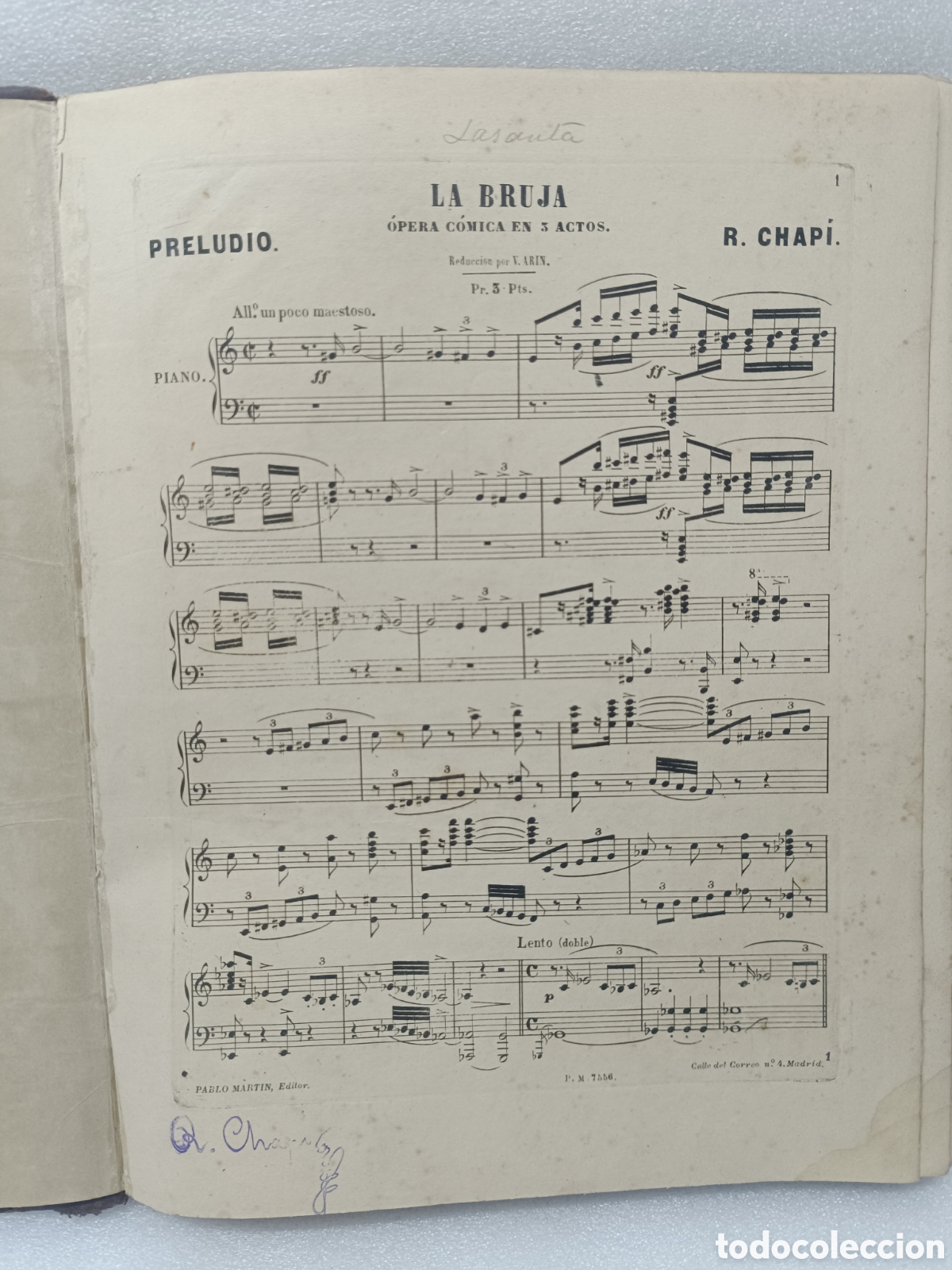 Partituras musicales: ANTIGUA PARTITURA LA BRUJA OPERA COMICA.V.ARIN.R CHAPI. VER FOTOS LIBRO