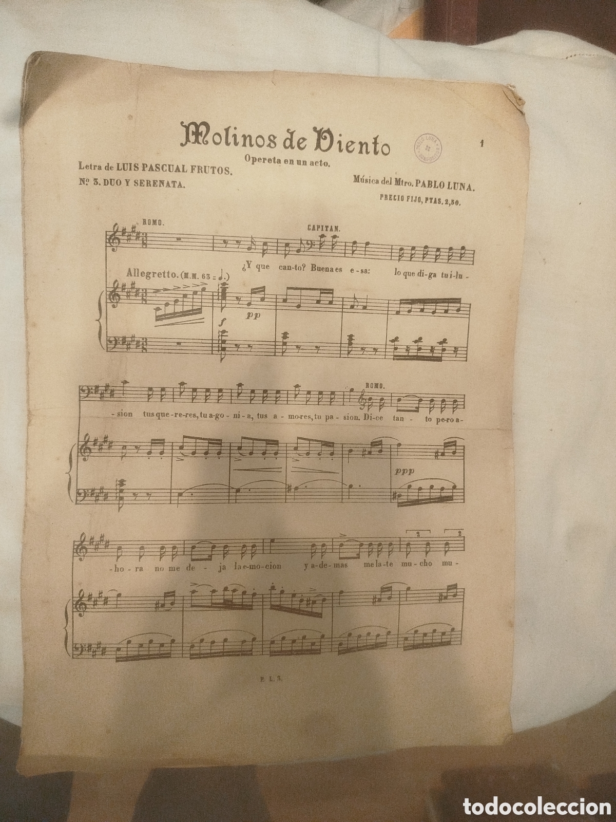 Partituras musicales: Detalles de la pieza Obra: Molinos de Viento (Opereta en un acto) Fragmento: N&ordm; 3. D&uacute;o y Serenata
