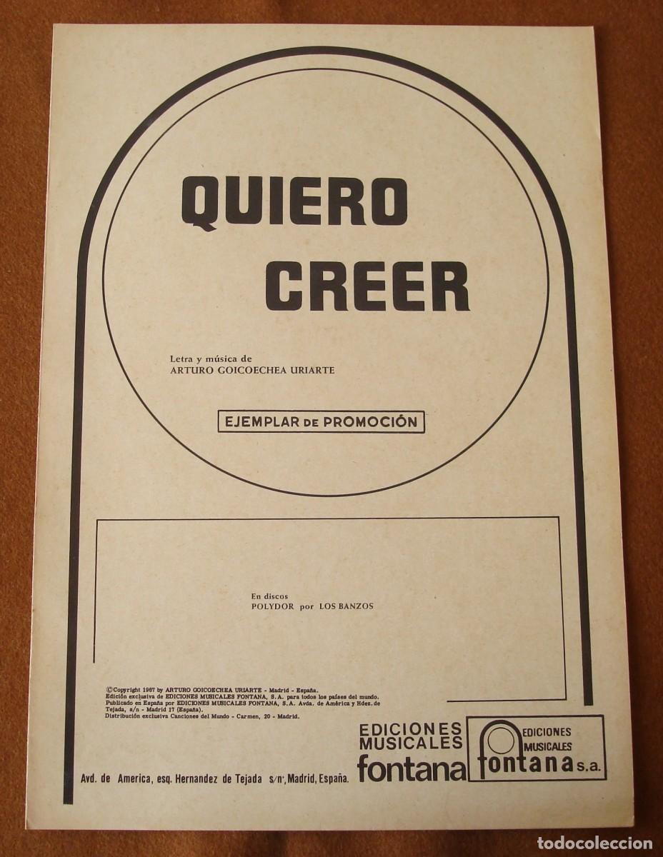 Partituras musicales: Los Banzos : Quiero creer - Edici&oacute;n promocional original 1967 Ediciones musicales Fontana