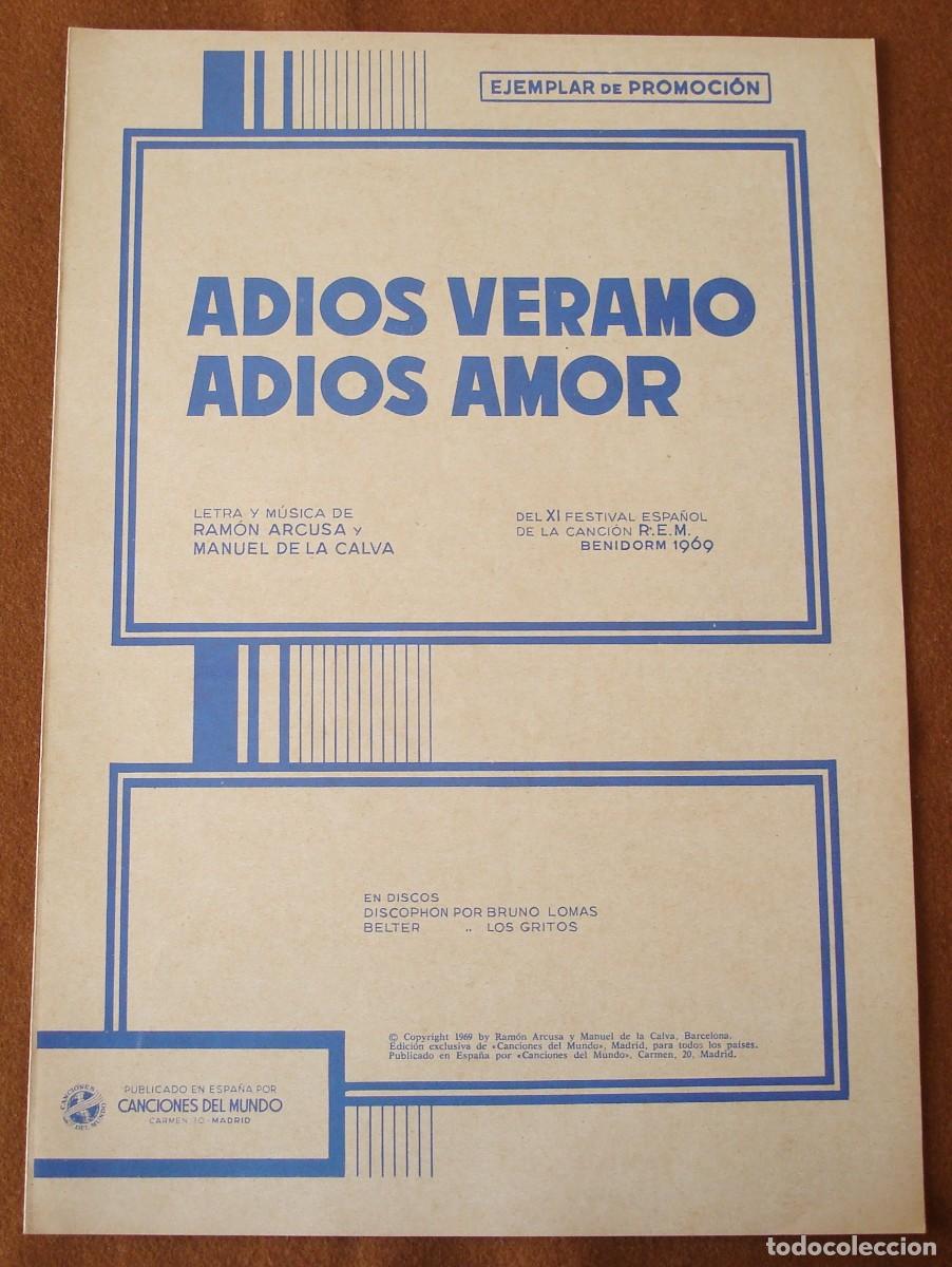 Partituras musicales: Bruno Lomas : Adi&oacute;s verano adi&oacute;s amor - Promocional original 1969 Canciones Del Mundo - D&uacute;o Din&aacute;mico