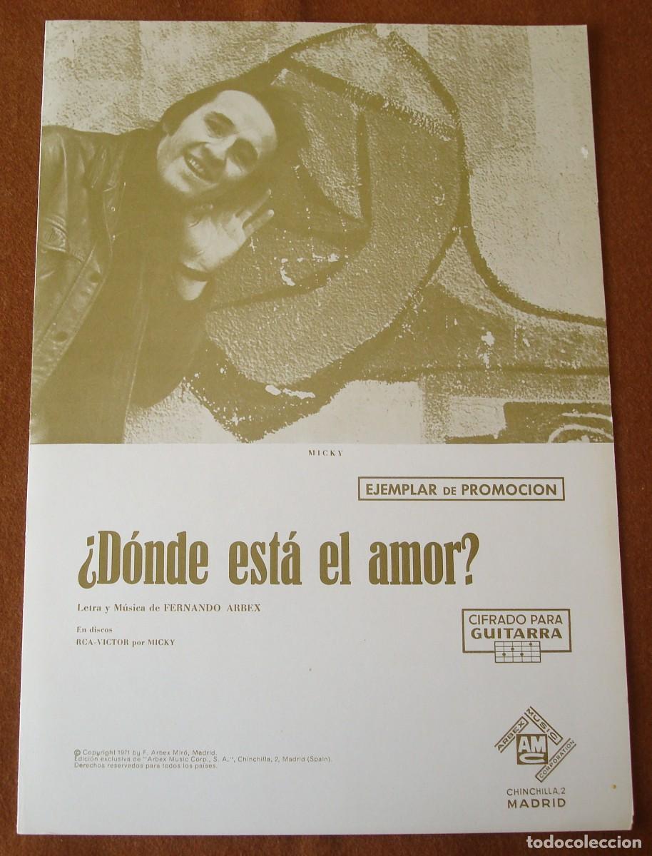 Partituras musicales: Micky : &iquest;D&oacute;nde est&aacute; el amor? - Edici&oacute;n promocional original 1971 Arbex Music Corporation