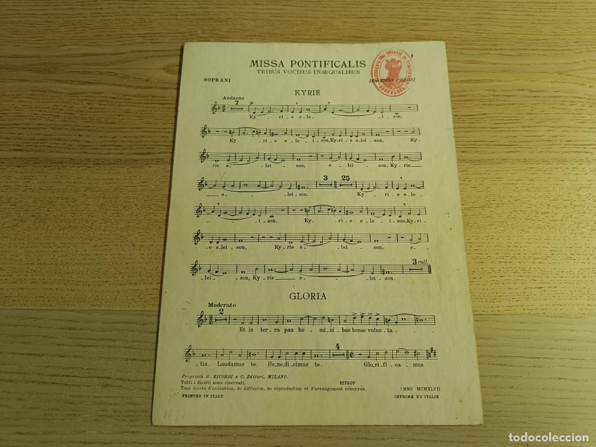 Partituras musicales: Partitura &rdquo;Missa Pontificalis. Tribus Vocibus Ineaqualibus&rdquo;. Lorenzo Perosi. G. Ricordi & C Editori.