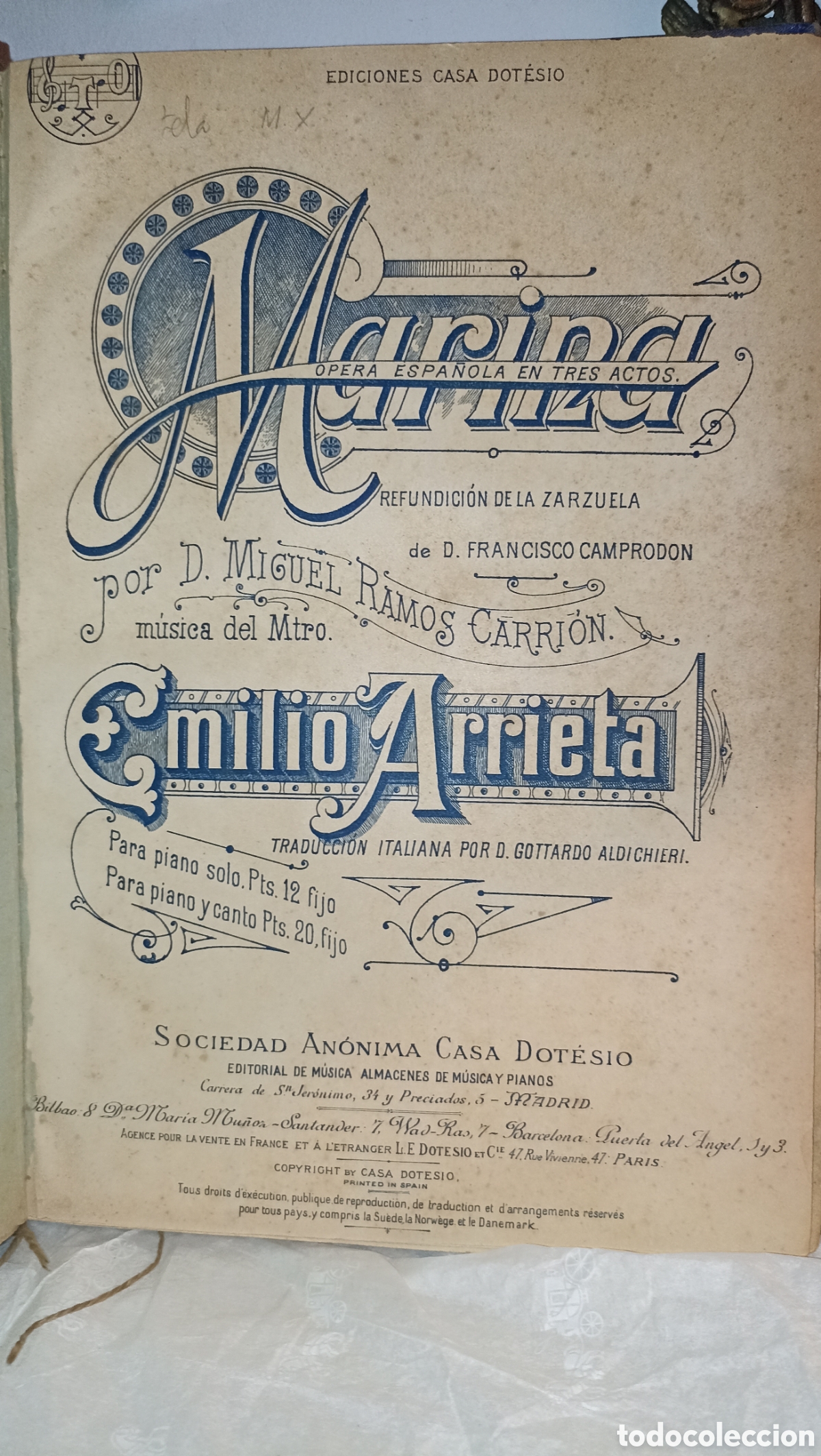 Partituras musicales: Partitura antigua MARINA &ndash; Emilio Arrieta (Ediciones Casa Dotesio, c. 1900)