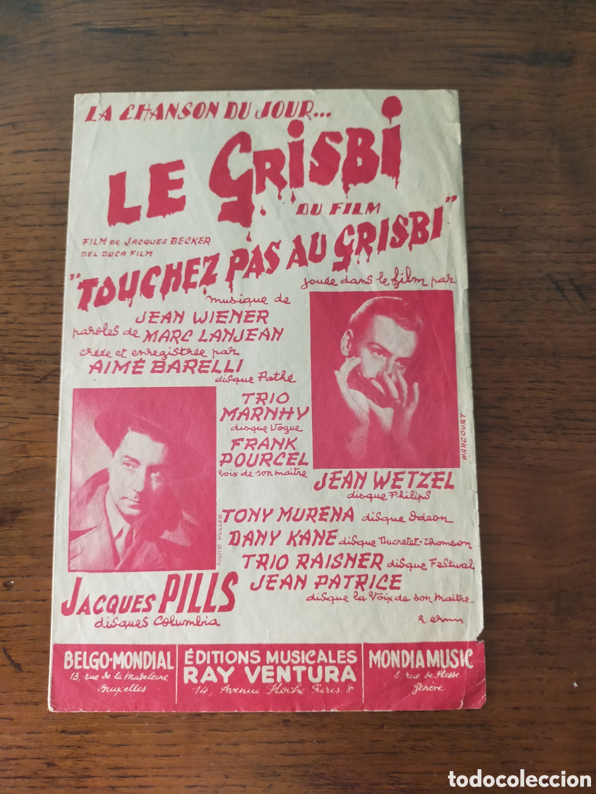 Partitions Musicales: antigua partitura musical francesa de 1954 de la canci&oacute;n &rdquo;Le Grisbi&rdquo;,
