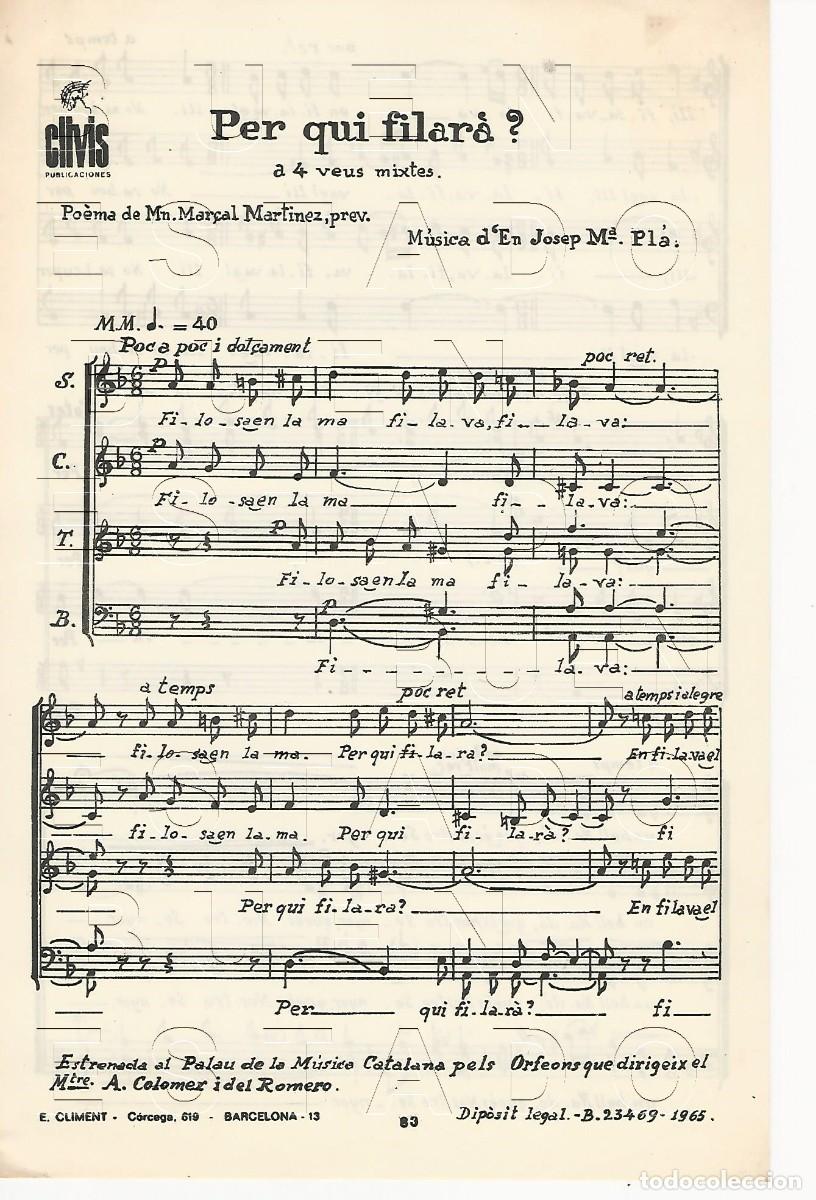 Partituras musicales: JOSEP M&ordf; PLA MAR&Ccedil;AL MARTINEZ PER QUI FILARA 1 HOJA PARTITURA ANTIGUA U77