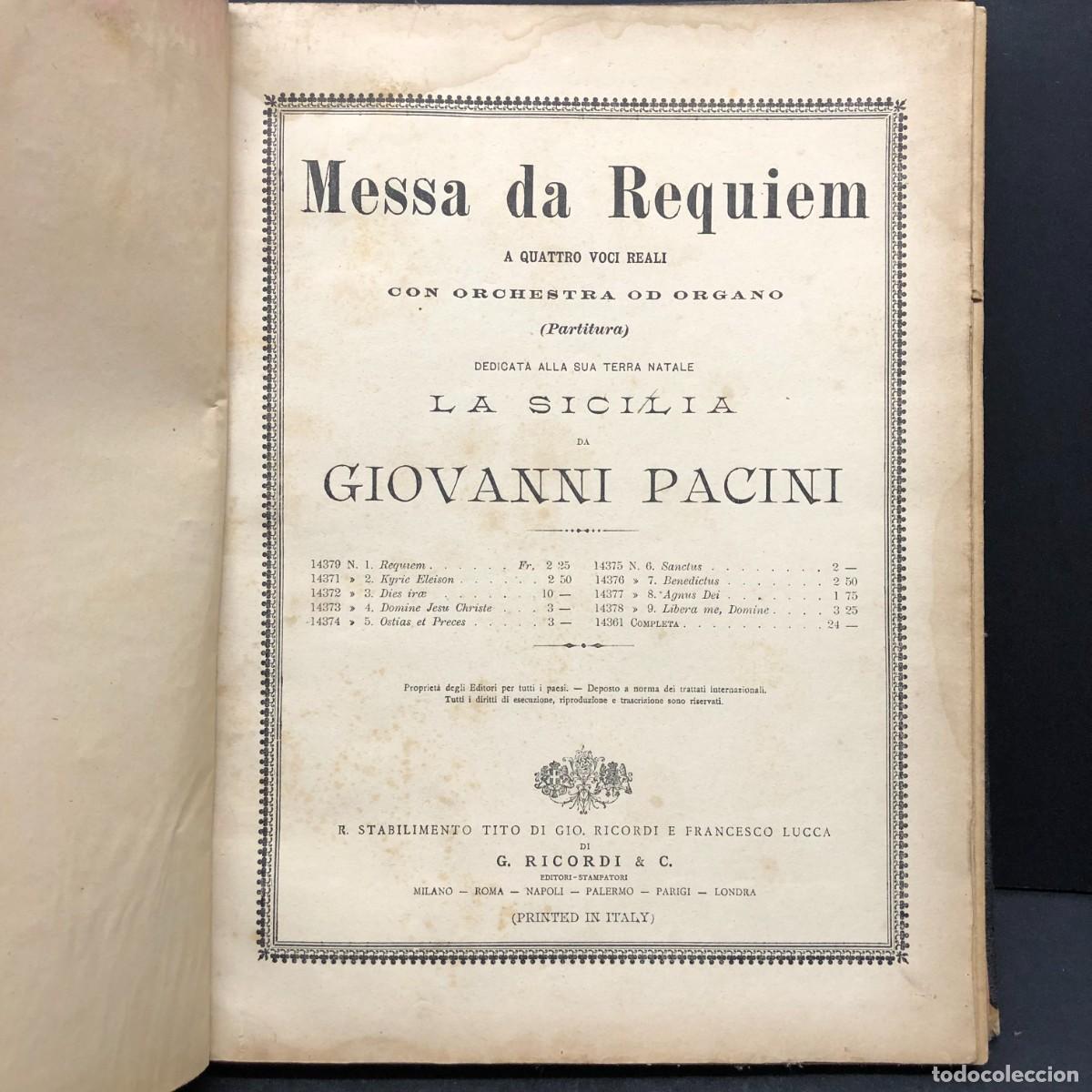 Partituras musicales: MESSA DA REQUIEM A QUATTRO VOCI REALI - LA SICILIA DA GIOVANNI PACINI - G. RICORDI - PARTITURA / 736