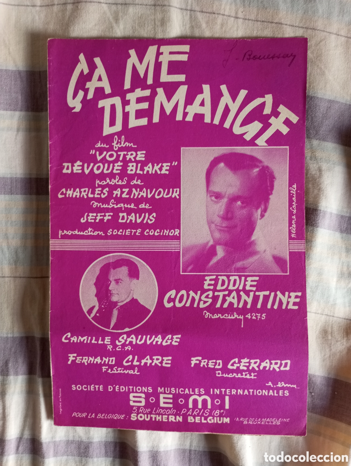 Partituras musicales: Partitura de la canci&oacute;n ca me demange Eddie Constantine 1954