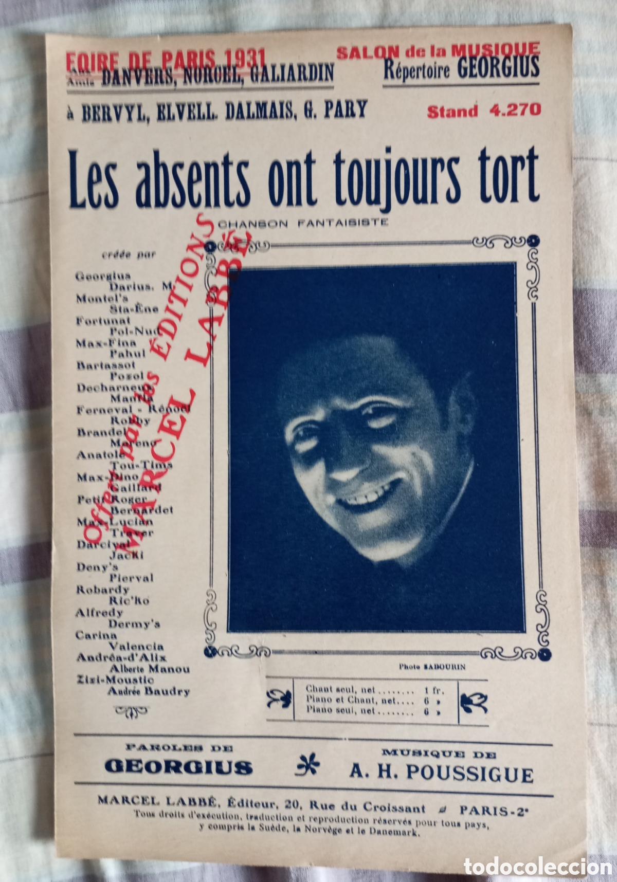 Partituras musicales: Partitura de la canci&oacute;n Les absents o t toujours tort a&ntilde;o 1931
