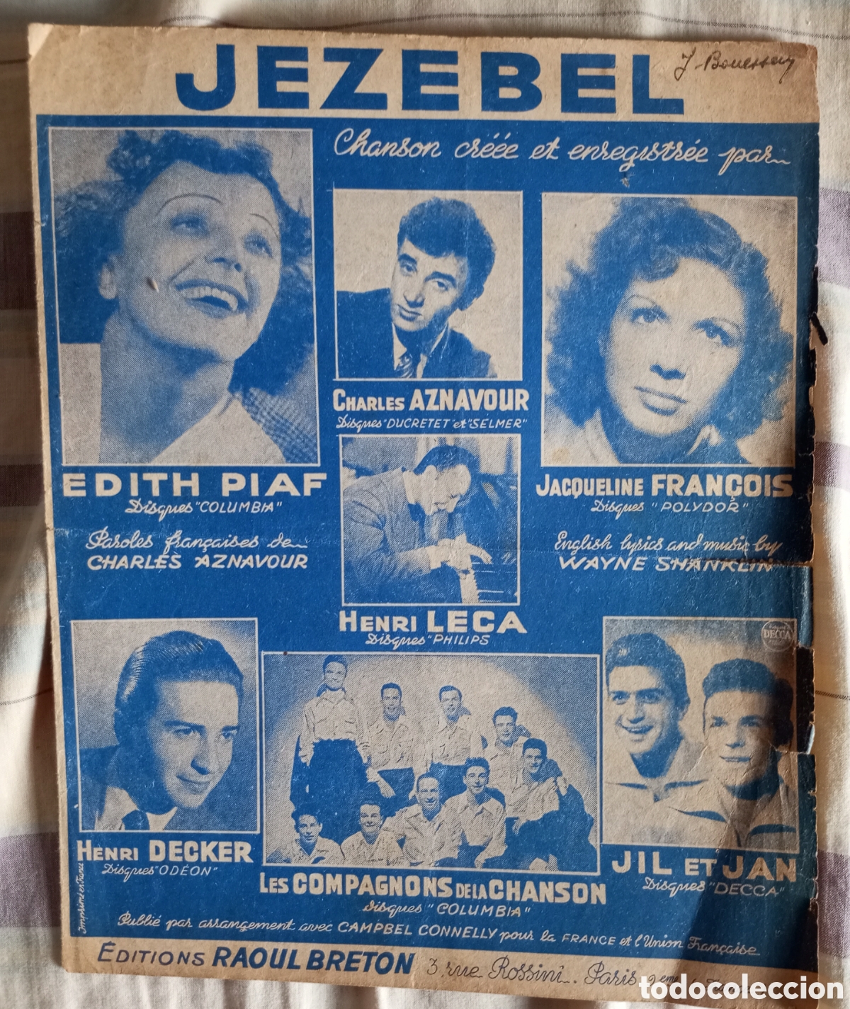 Partituras musicales: Partitura de la canci&oacute;n jezebel con sus int&eacute;rpretes 1951