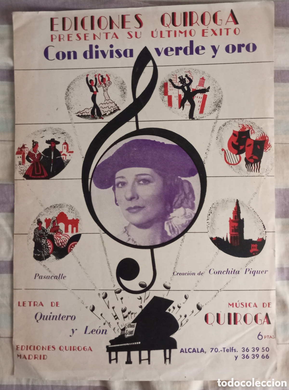 Partituras musicales: Partitura con divisa verde y oro de conchita Piquer ediciones Quiroga 1954