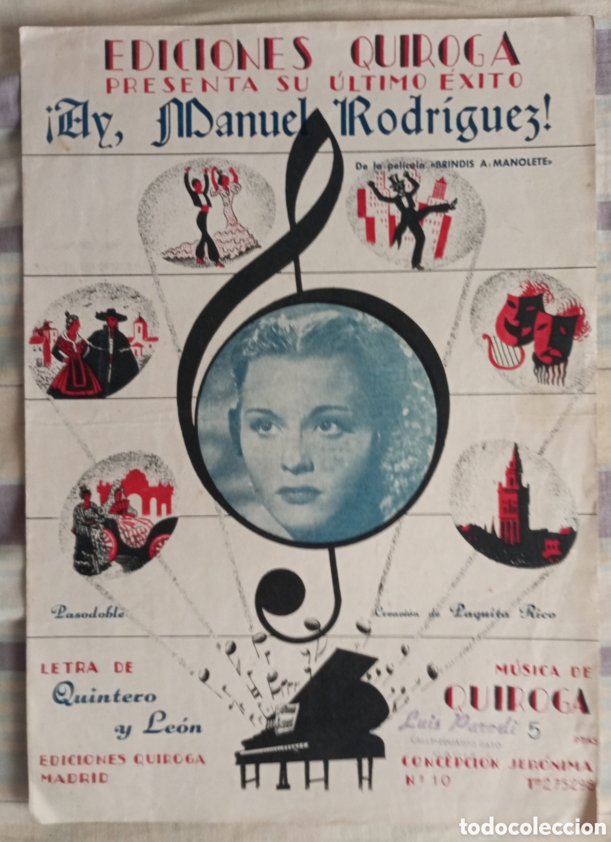 Partituras musicales: Partitura de la canci&oacute;n!ay.manuel Rodr&iacute;guez! De Paquita Rico ediciones Quiroga 1951