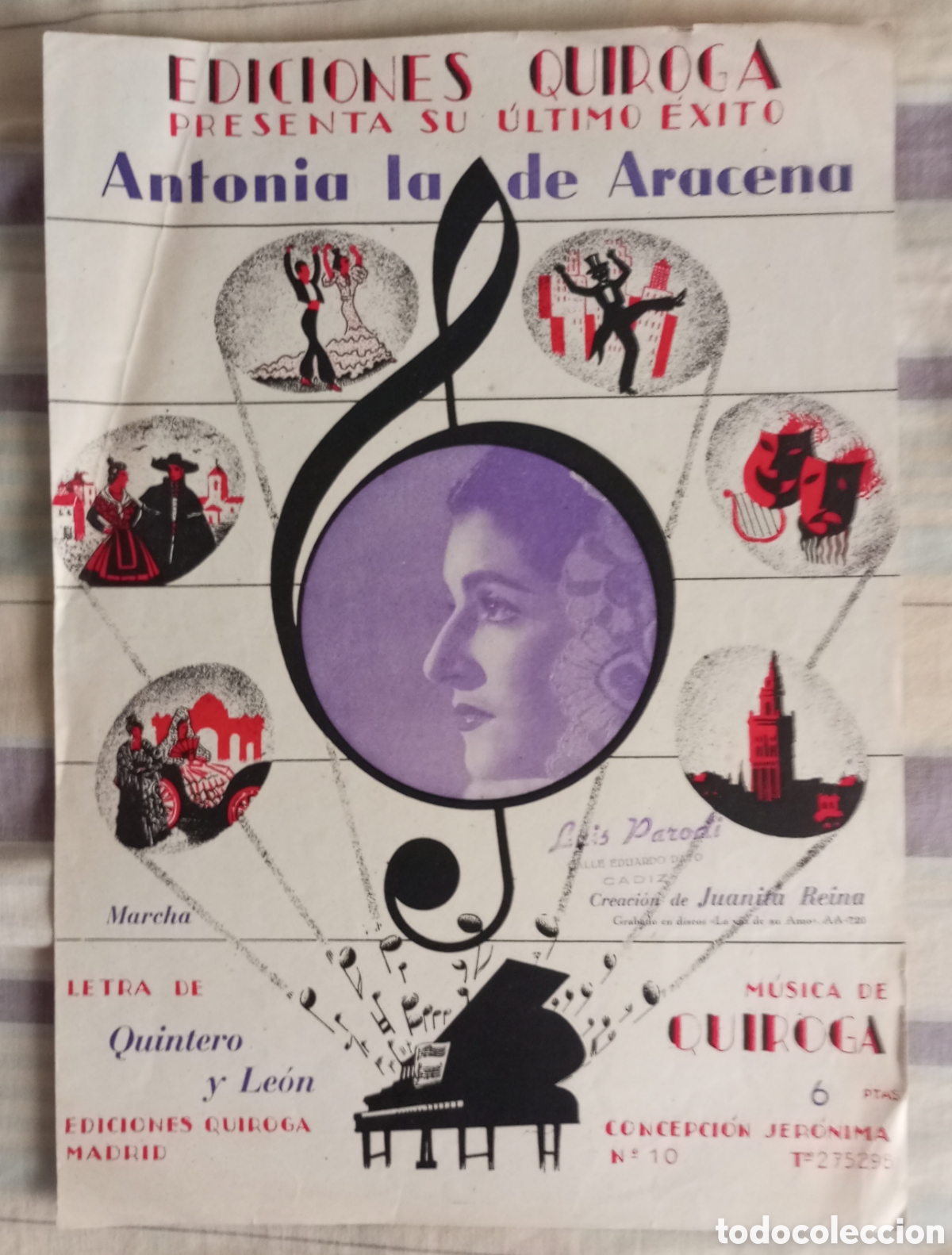 Partituras musicales: Partitura de la canci&oacute;n Antonia la de Aracena de Juanita Reina ediciones Quiroga 1953