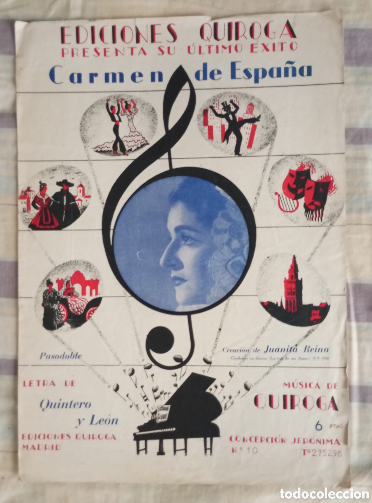Partituras musicales: Partitura de la canci&oacute;n Carmen de Espa&ntilde;a de Juanita Reina ediciones Quiroga 1953