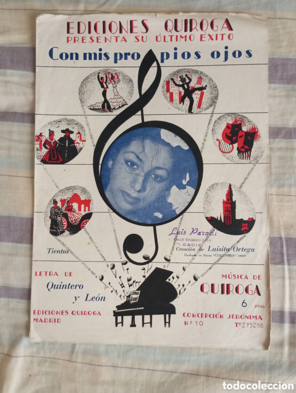 Partituras musicales: Partitura de la canci&oacute;n Con mis propios ojos de Luisita Ortega ediciones Quiroga 1952