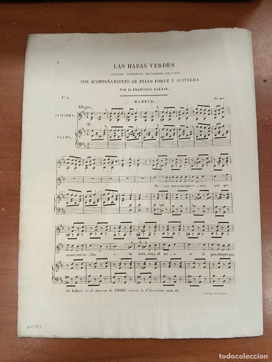 Partituras musicales: Las habas verdes. Canci&oacute;n castellana nuevamente arreglada con acompa&ntilde;amiento de piano forte y guitar