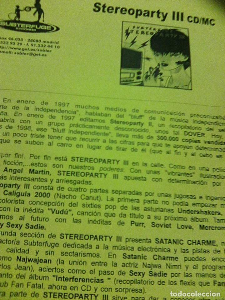 Revistas de m&uacute;sica: Stereoparty III - Hoja promo Subterfuge 1998 - Vegetales, Miguel Angel martin Alaska y Pegamoides