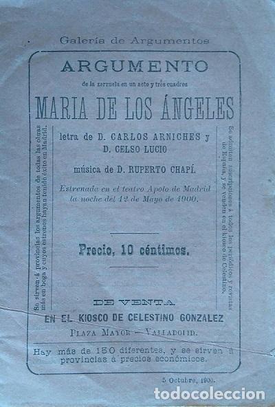 Magazines de musique: MARIA DE LOS ANGELES CARLOS ARNICHES RUPERTO CHAPI GALERIA DE ARGUMENTOS VALLADOLID 1900