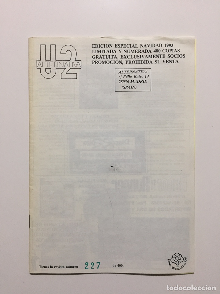 Revistas de m&uacute;sica: U2 ALTERNATIVA - N&Uacute;MERO 227 de 400 - FANZINE REVISTA CLUB DE FANS - EDICION LIMITADA Y NUMERADA