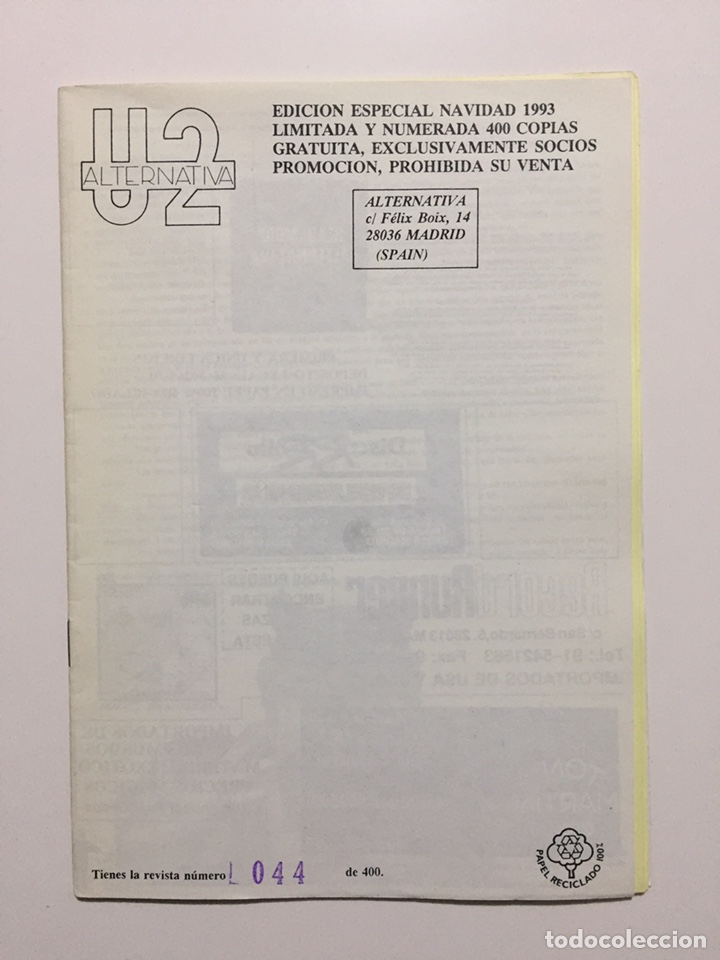 Revistas de m&uacute;sica: U2 ALTERNATIVA - N&Uacute;MERO 044 de 400 - FANZINE REVISTA CLUB DE FANS - EDICION LIMITADA Y NUMERADA