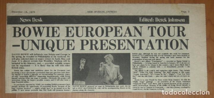 Revistas de m&uacute;sica: DAVID BOWIE European Tour 1974 Original UK Article NME clippings cutting